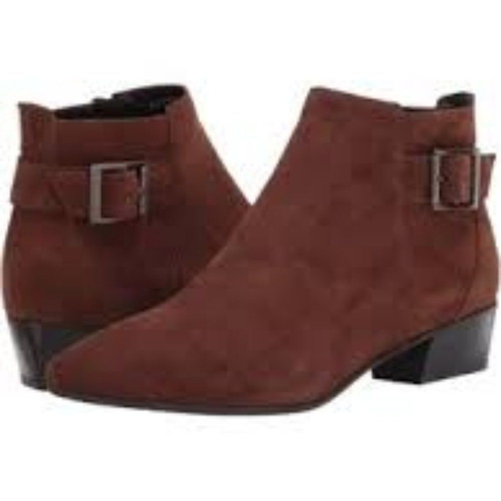 Aquatalia Italy 6.5 Suede Brown Buckle Bootie Luxe Quiet Luxury Old Money Gothic